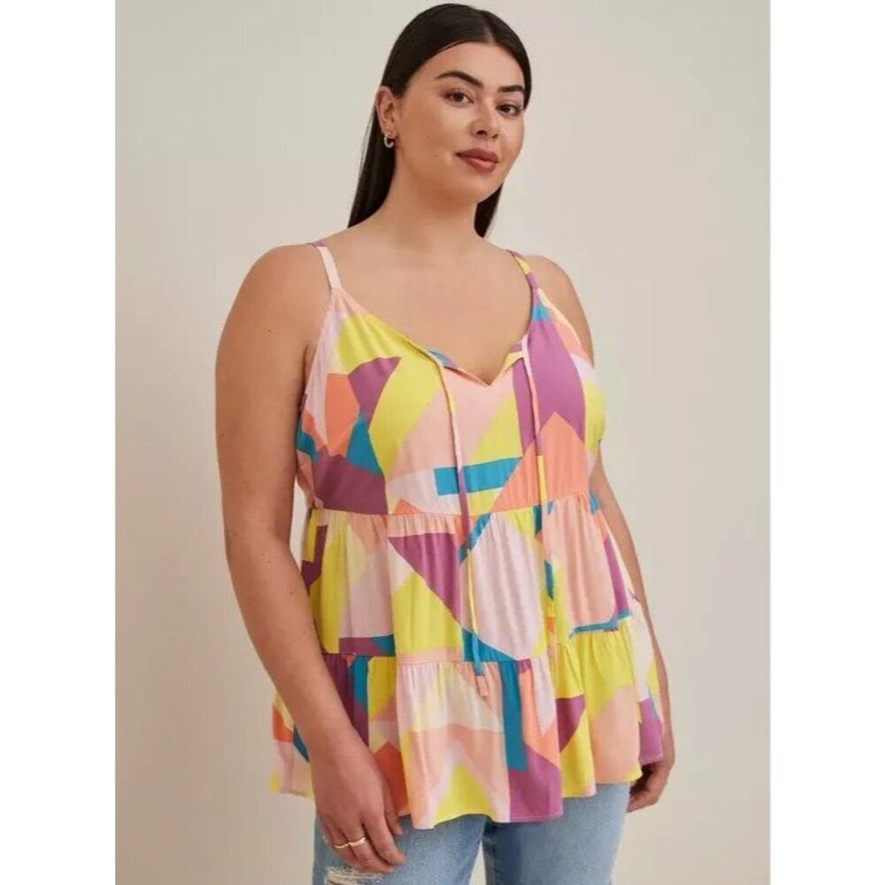 Torrid Womens Plus Size Sleeveless Geometric Print Tiered Babydoll Top 1 x100% R